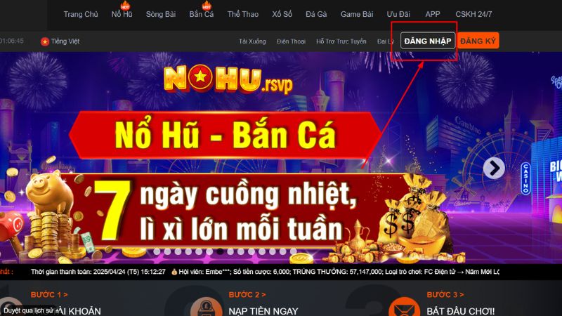 Chọn nút đăng nhập Nohu ở trên góc phải màn hình giao diện